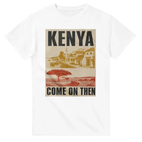 Two-colour scenic illustration for Kenya, with the place name and COME ON THEN lettering.