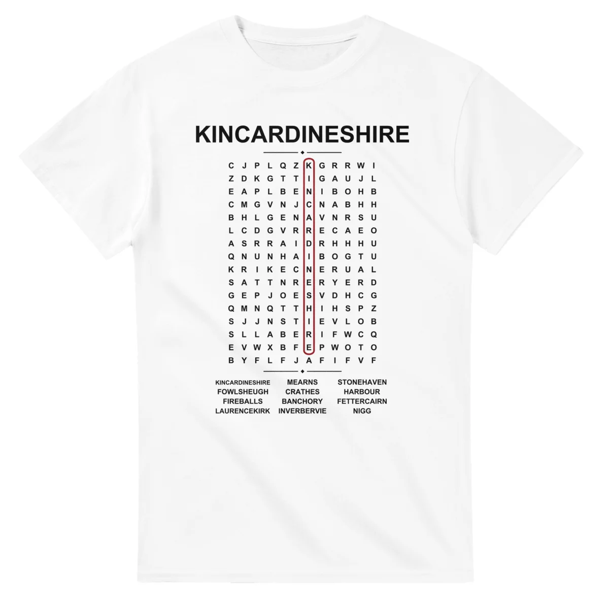Word-search sheet for Kincardineshire, with a large place-name heading, a letter grid, a local answer list, and a red highlighted example word.