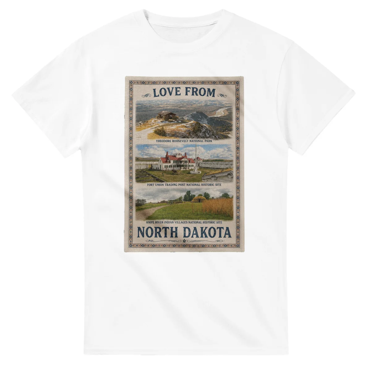 Framed scenic design for North Dakota, with several local views, a decorative border and LOVE FROM lettering.