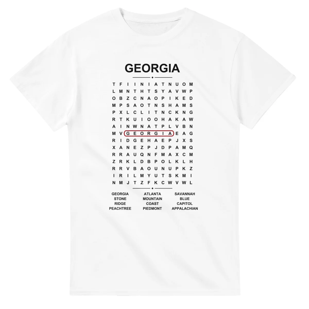 Word-search sheet for Georgia, with a large place-name heading, a letter grid, a local answer list, and a red highlighted example word.