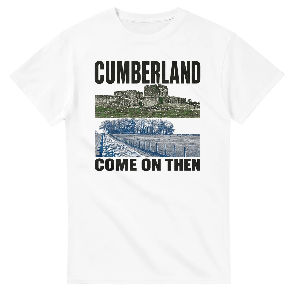 Two-colour scenic illustration for Cumberland, with the place name and COME ON THEN lettering.