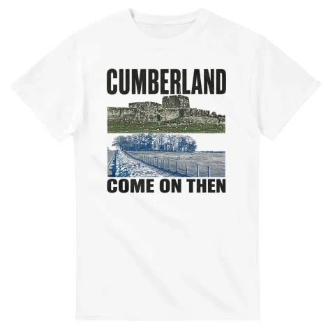 Two-colour scenic illustration for Cumberland, with the place name and COME ON THEN lettering.