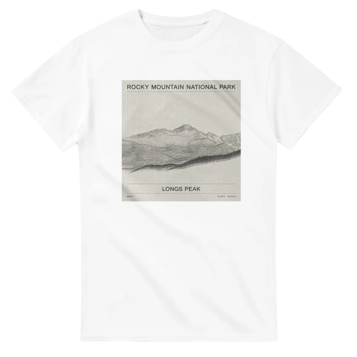 Fine-line engraving-style drawing for Rocky Mountain National Park, with a landmark caption and small coordinate text.