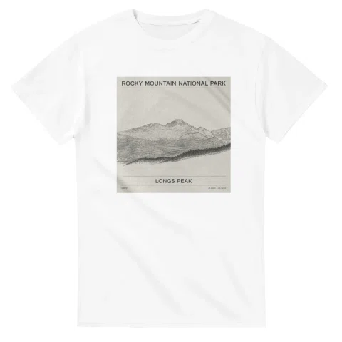 Fine-line engraving-style drawing for Rocky Mountain National Park, with a landmark caption and small coordinate text.