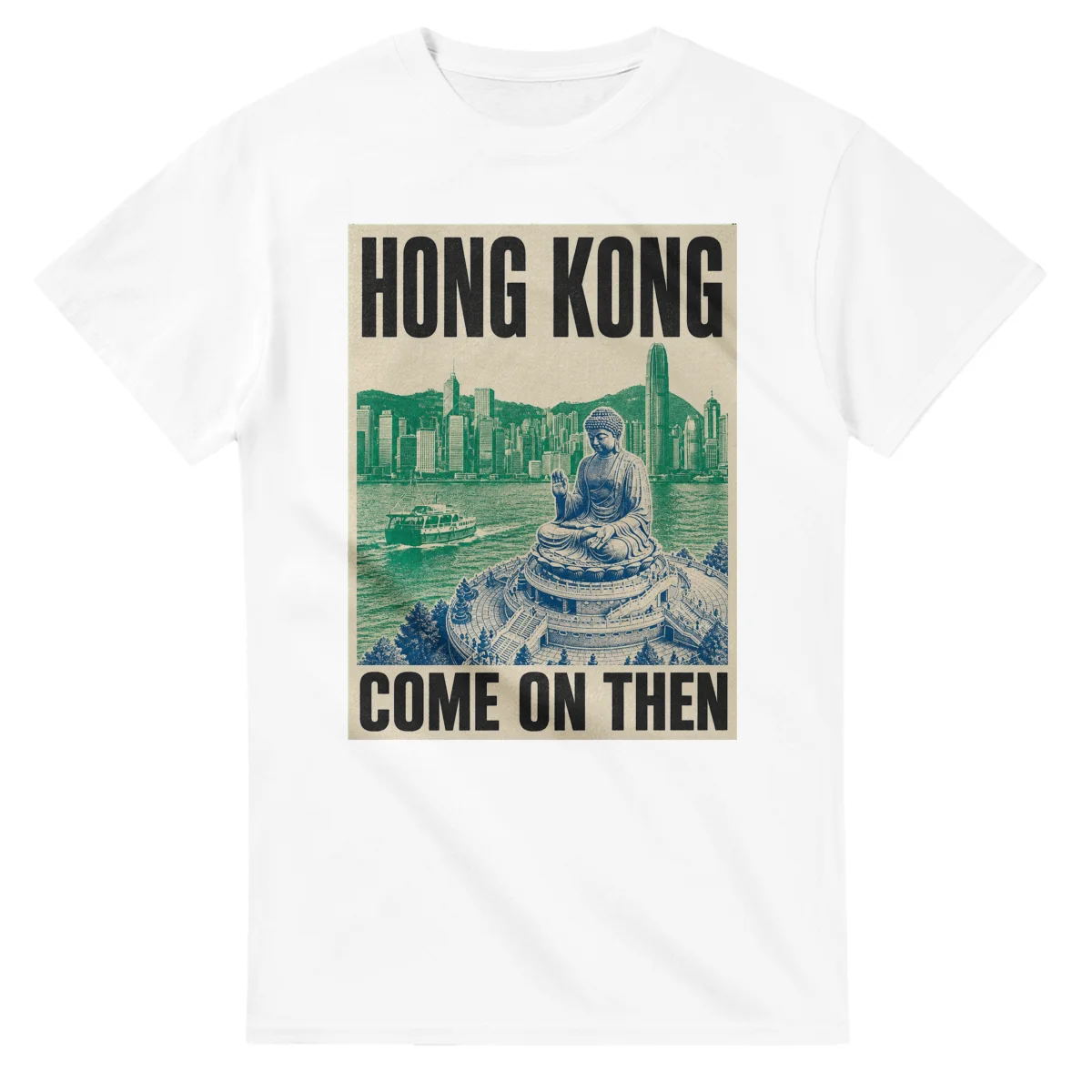 Two-colour scenic illustration for Hong Kong, with the place name and COME ON THEN lettering.