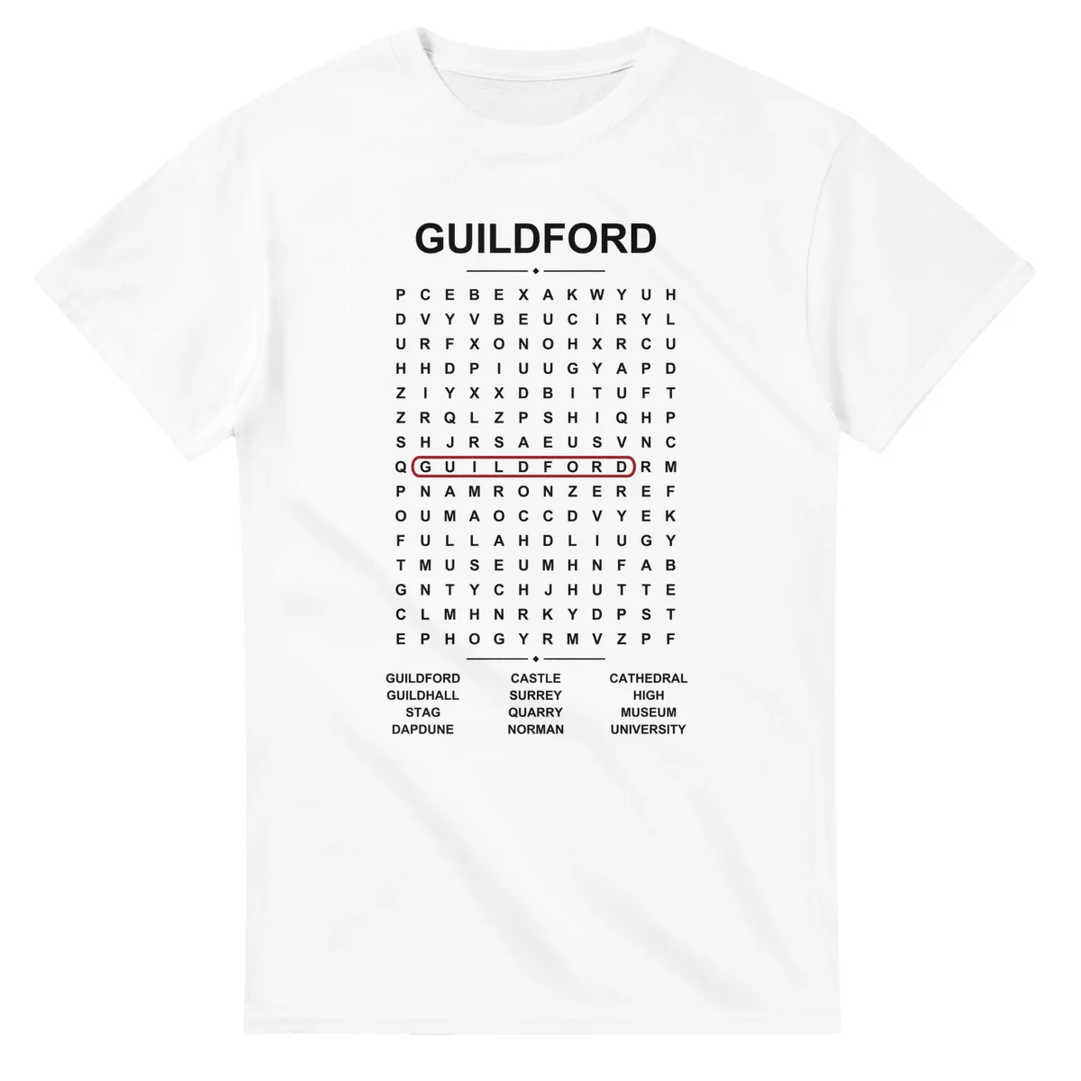 Word-search sheet for Guildford, with a large place-name heading, a letter grid, a local answer list, and a red highlighted example word.