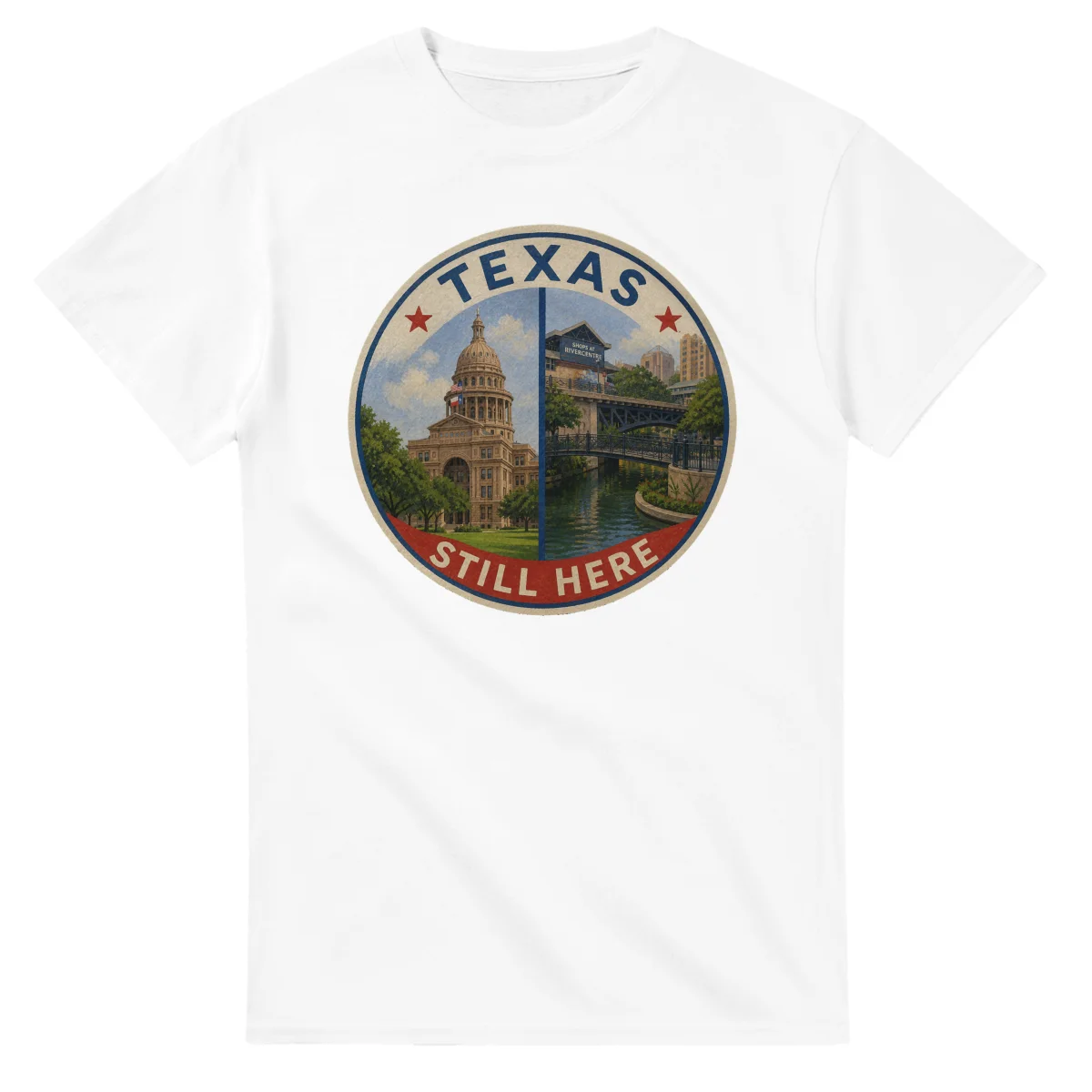 Painted, panelled scenic illustration for Texas, with paired local scenes and the place name in lettering.