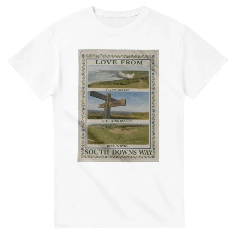 Framed scenic design for South Downs Way, with several local views, a decorative border and LOVE FROM lettering.