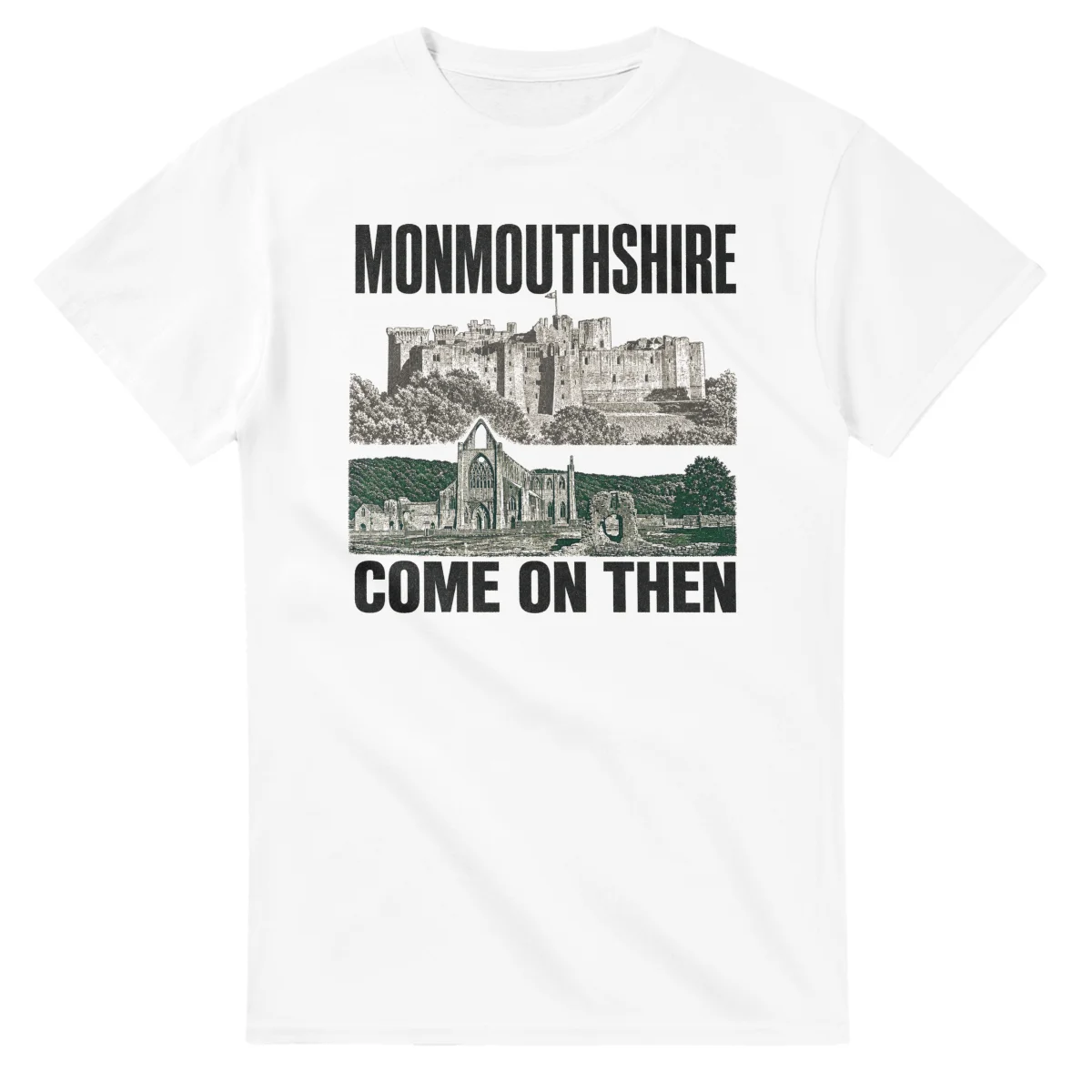 Two-colour scenic illustration for Monmouthshire, with the place name and COME ON THEN lettering.