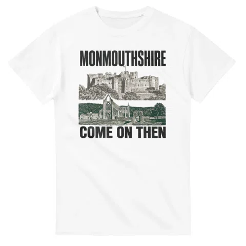 Two-colour scenic illustration for Monmouthshire, with the place name and COME ON THEN lettering.