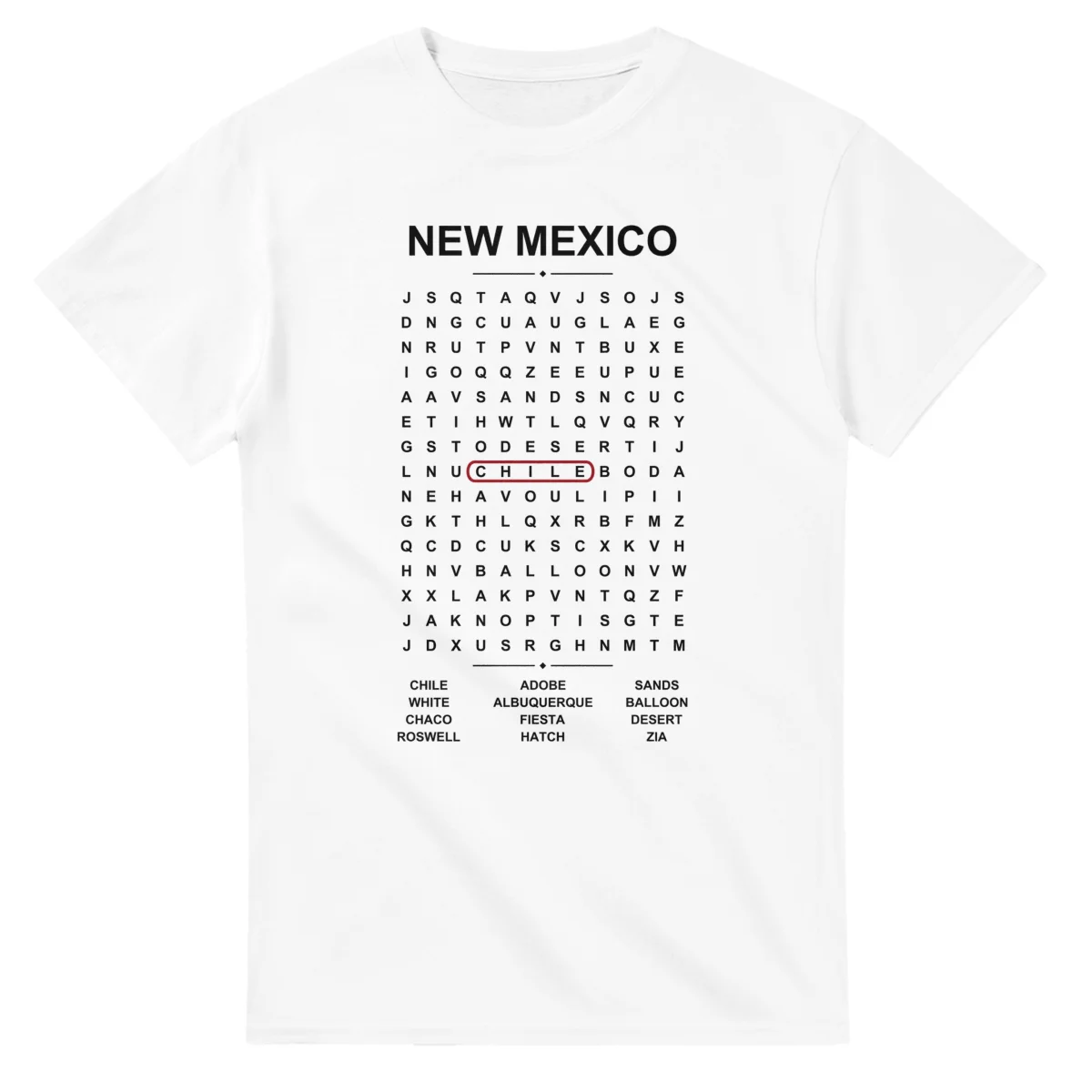 Word-search sheet for New Mexico, with a large place-name heading, a letter grid, a local answer list, and a red highlighted example word.