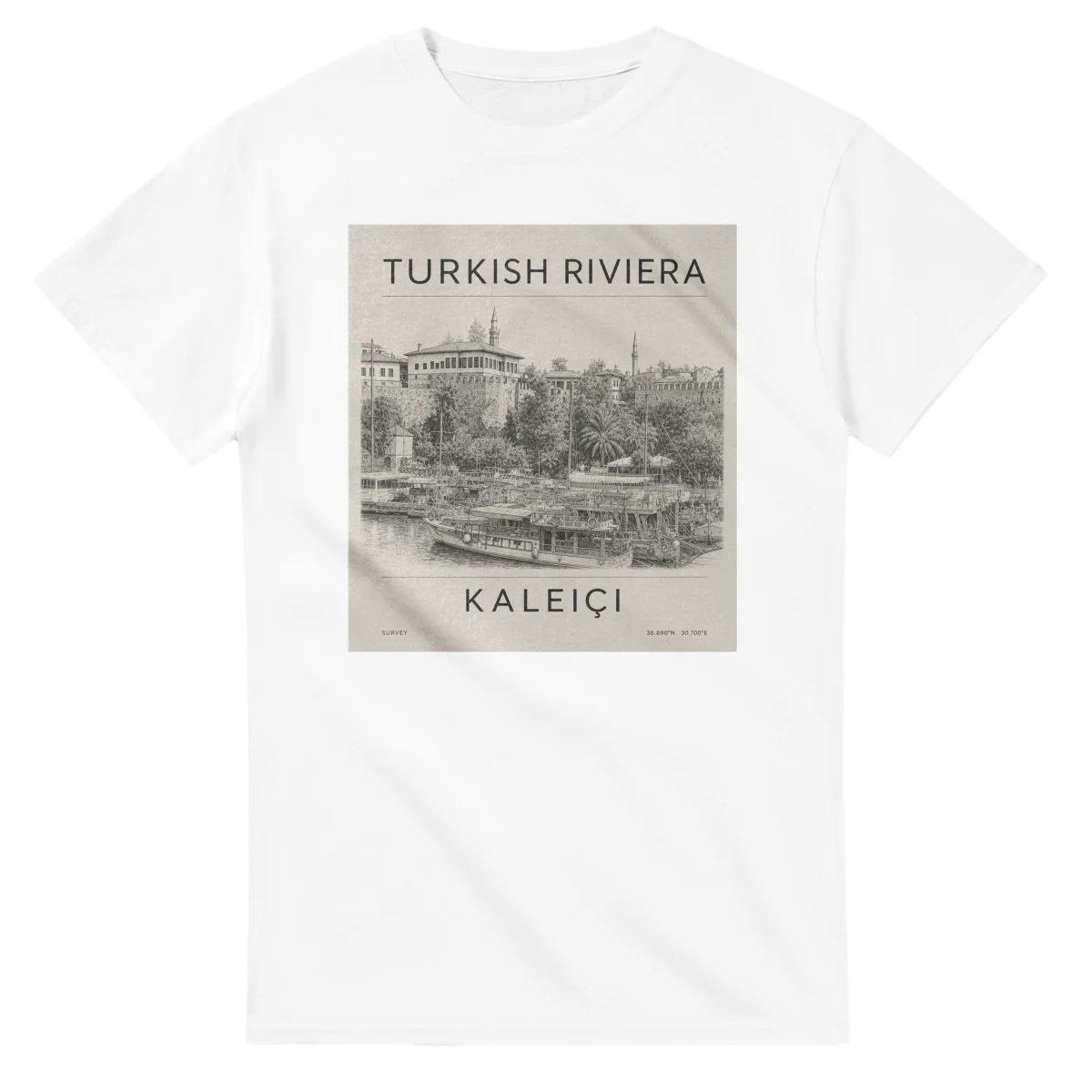 Fine-line engraving-style drawing for Turkish Riviera, with a landmark caption and small coordinate text.