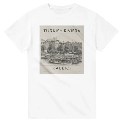 Fine-line engraving-style drawing for Turkish Riviera, with a landmark caption and small coordinate text.