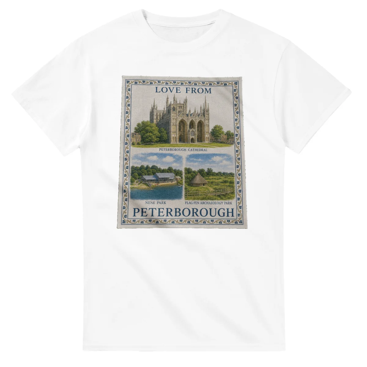 Framed scenic design for Peterborough, with several local views, a decorative border and LOVE FROM lettering.