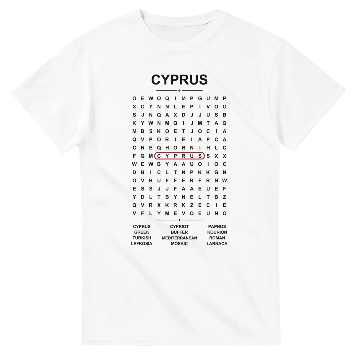 Word-search sheet for Cyprus, with a large place-name heading, a letter grid, a local answer list, and a red highlighted example word.