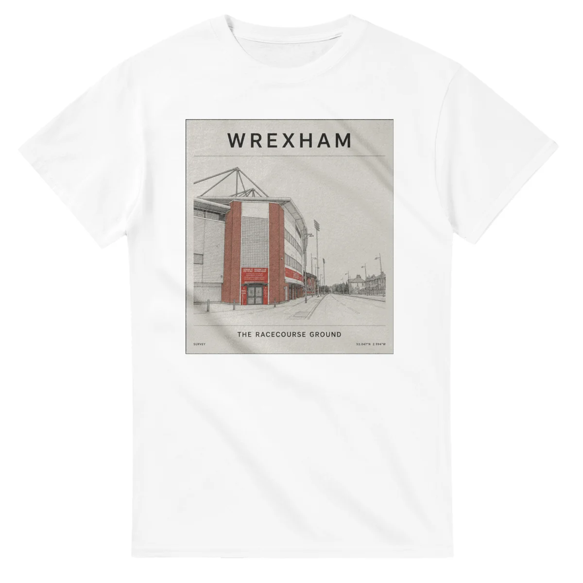 Fine-line engraving-style drawing for Wrexham, with a landmark caption and small coordinate text.