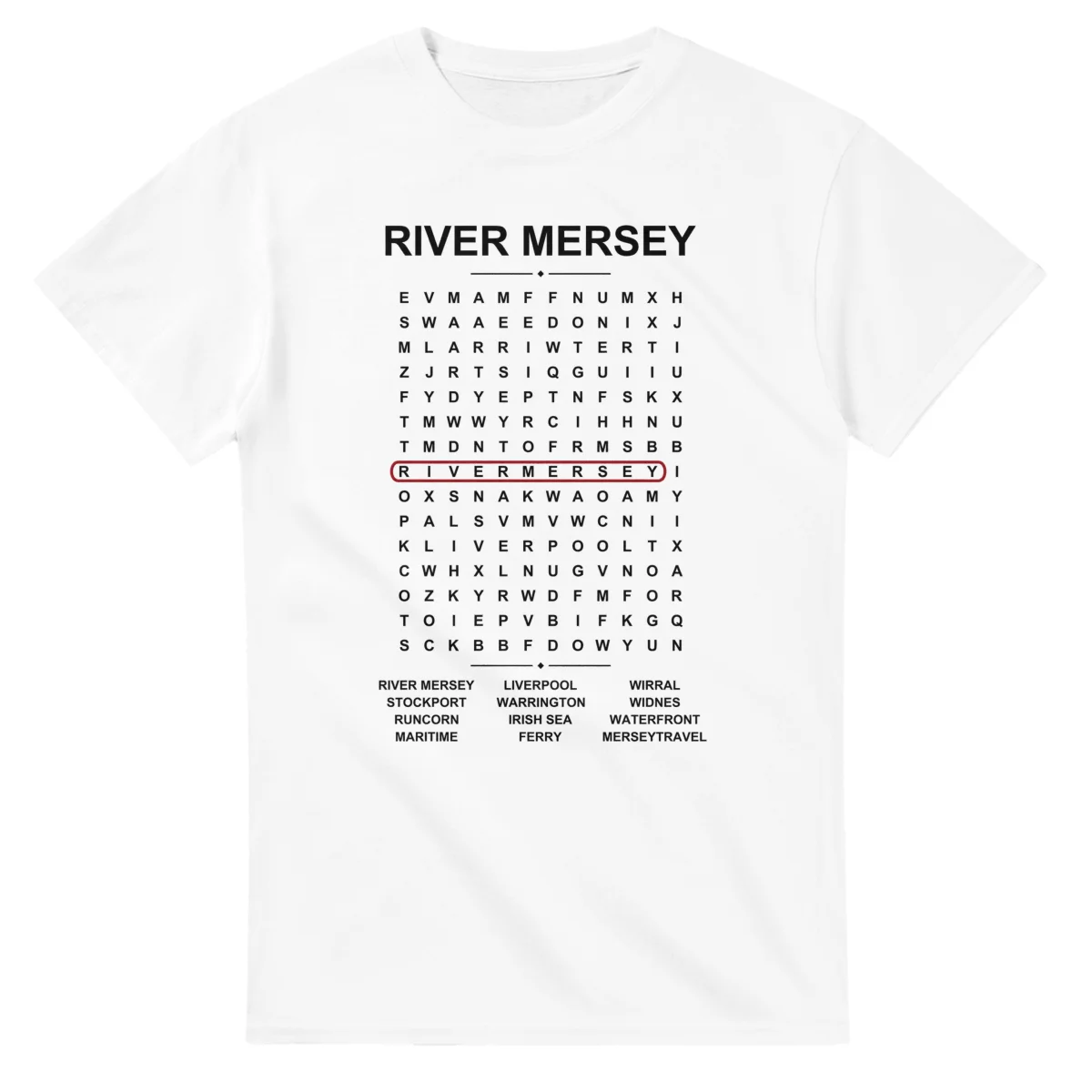 Word-search sheet for River Mersey, with a large place-name heading, a letter grid, a local answer list, and a red highlighted example word.