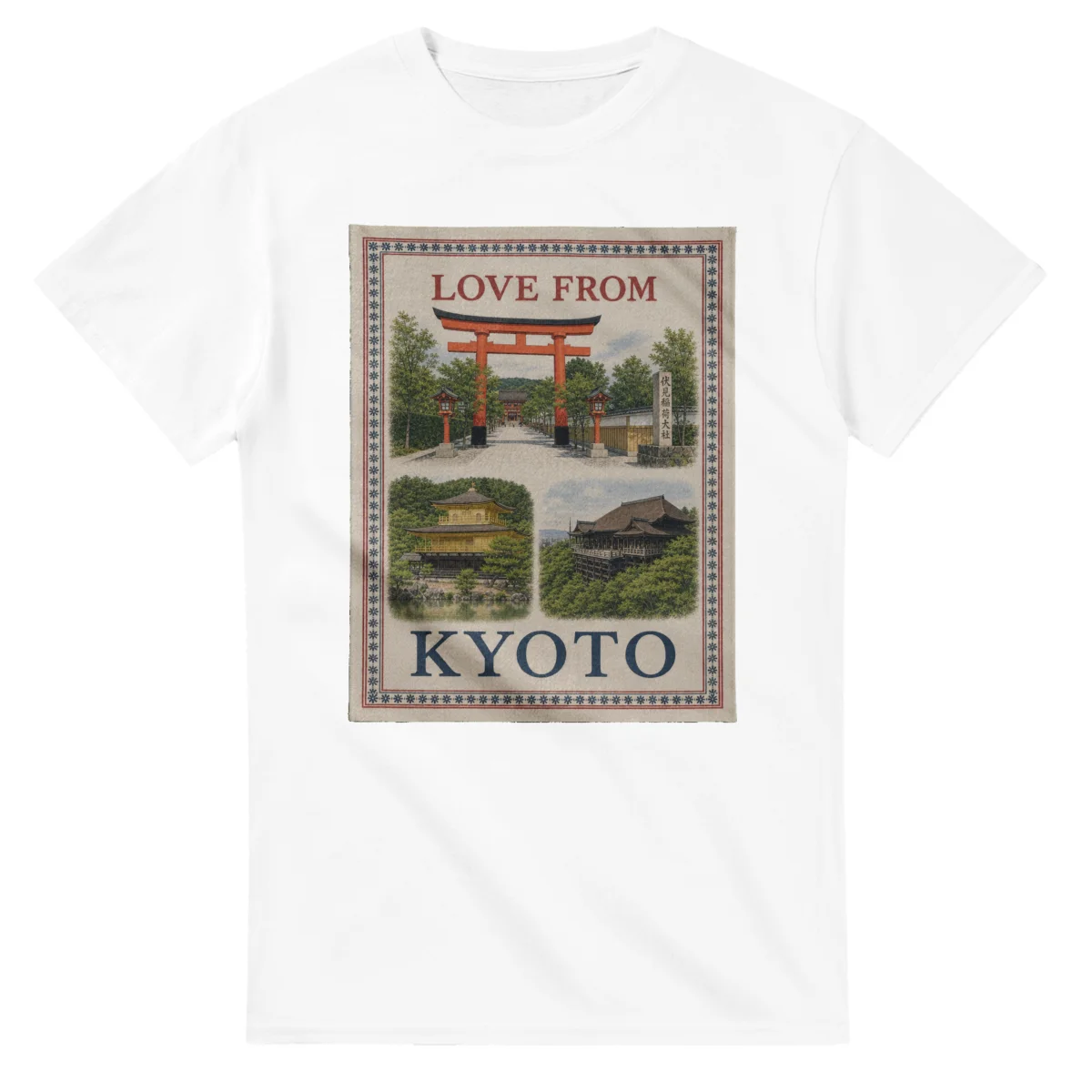 Framed scenic design for Kyoto, with several local views, a decorative border and LOVE FROM lettering.