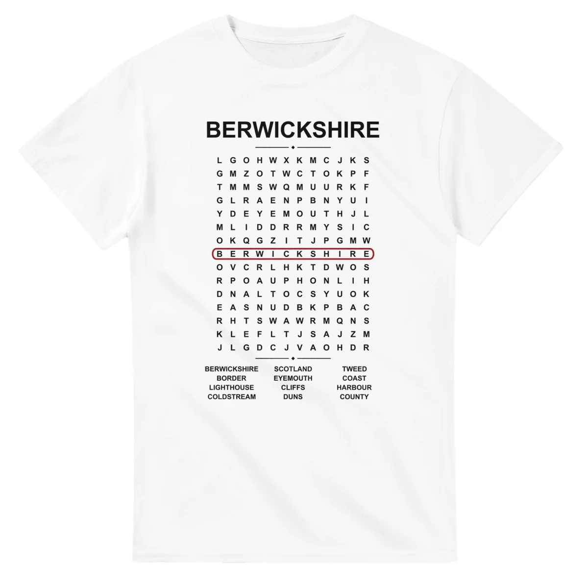 Word-search sheet for Berwickshire, with a large place-name heading, a letter grid, a local answer list, and a red highlighted example word.
