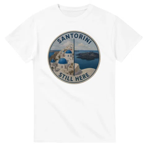 Painted, panelled scenic illustration for Santorini, with paired local scenes and the place name in lettering.