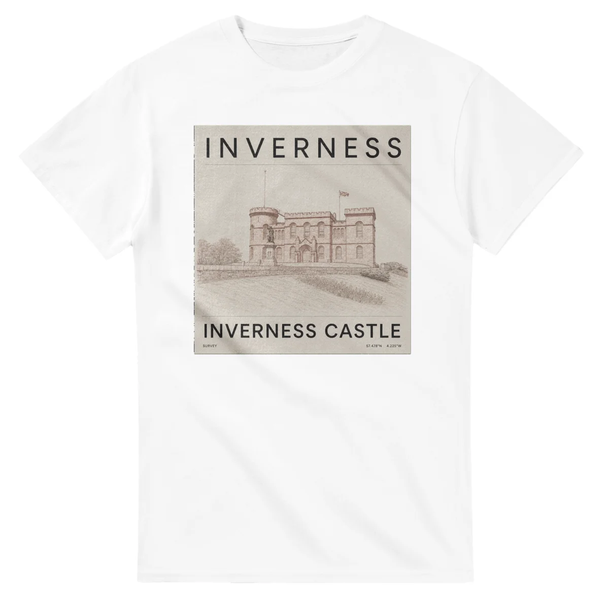Fine-line engraving-style drawing for Inverness, with a landmark caption and small coordinate text.