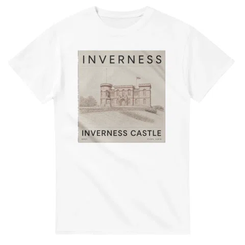 Fine-line engraving-style drawing for Inverness, with a landmark caption and small coordinate text.