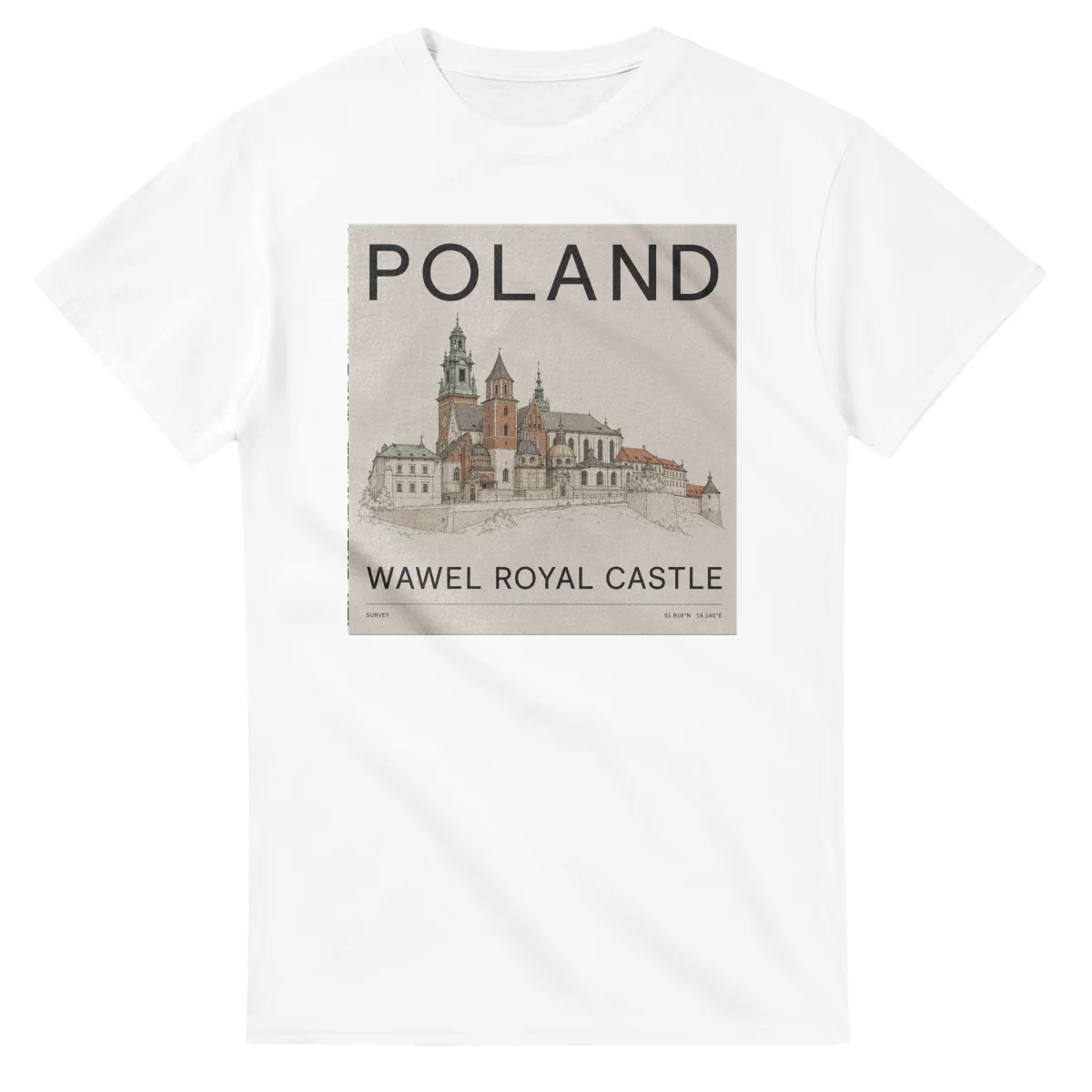 Fine-line engraving-style drawing for Poland, with a landmark caption and small coordinate text.