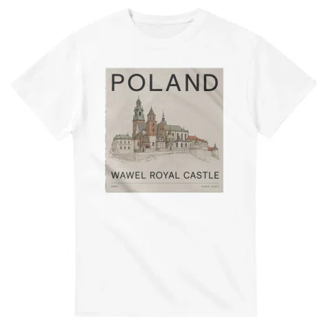 Fine-line engraving-style drawing for Poland, with a landmark caption and small coordinate text.