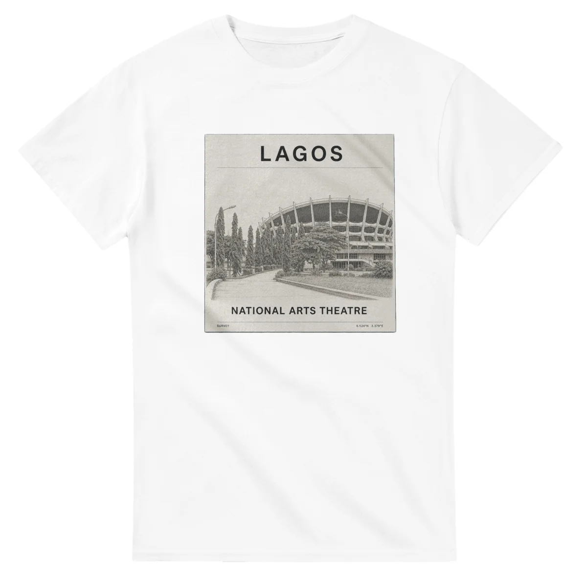 Fine-line engraving-style drawing for Lagos, with a landmark caption and small coordinate text.