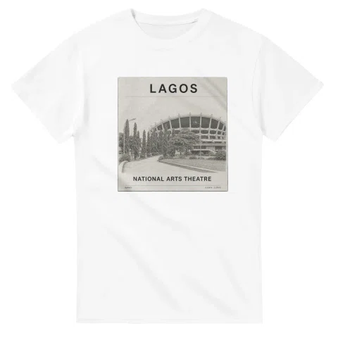 Fine-line engraving-style drawing for Lagos, with a landmark caption and small coordinate text.