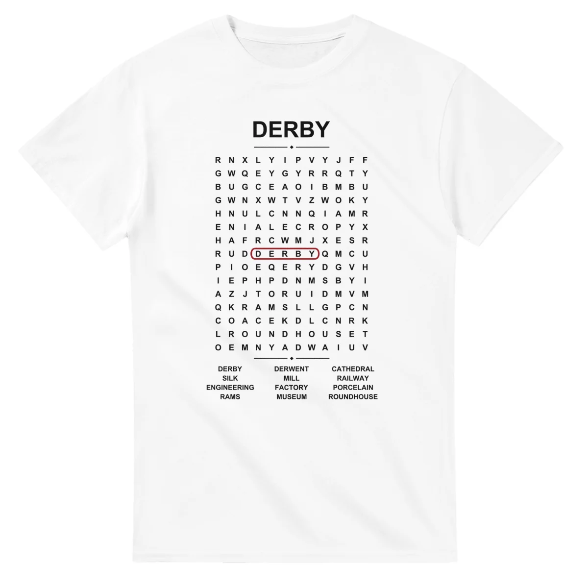 Word-search sheet for Derby, with a large place-name heading, a letter grid, a local answer list, and a red highlighted example word.