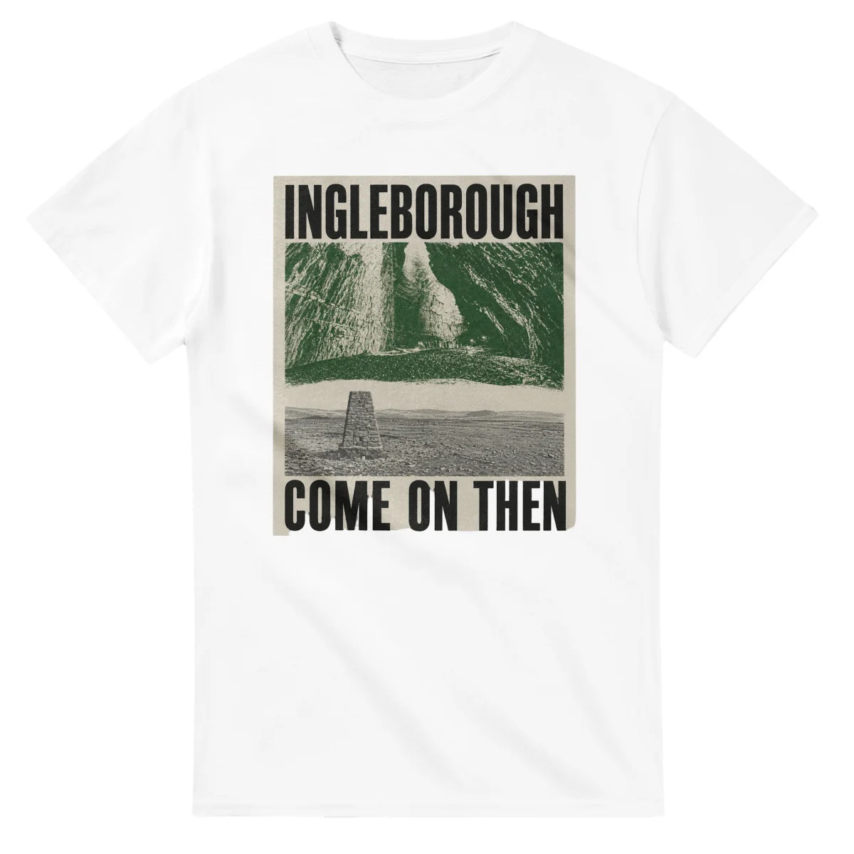 Two-colour scenic illustration for Ingleborough, with the place name and COME ON THEN lettering.