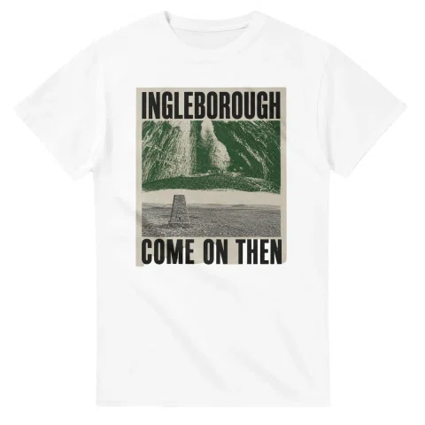 Two-colour scenic illustration for Ingleborough, with the place name and COME ON THEN lettering.
