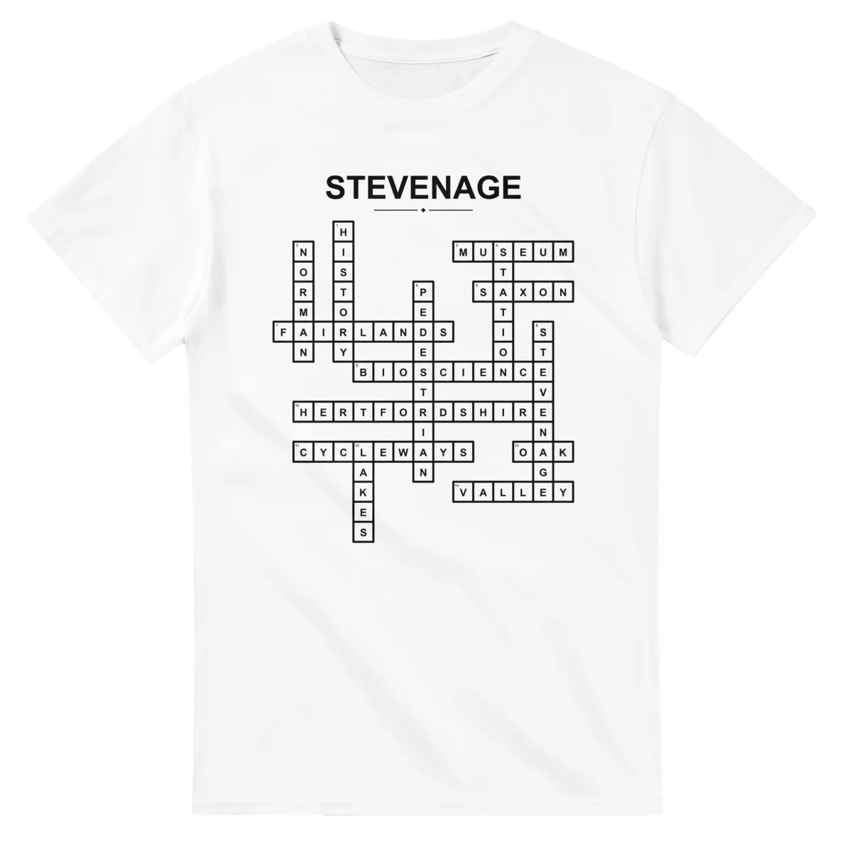 Monochrome crossword sheet for Stevenage, with a large place-name heading, a letter grid, and numbered across and down clues.