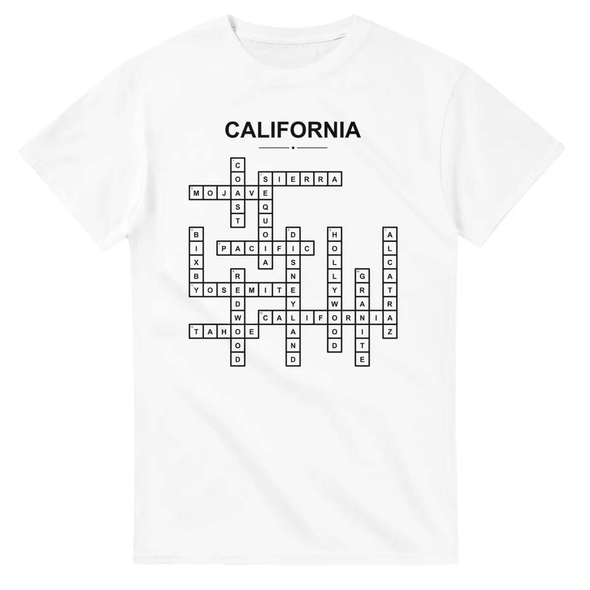 Monochrome crossword sheet for California, with a large place-name heading, a letter grid, and numbered across and down clues.