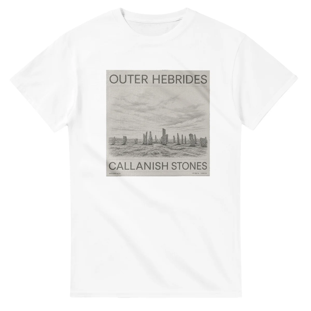 Fine-line engraving-style drawing for Outer Hebrides, with a landmark caption and small coordinate text.