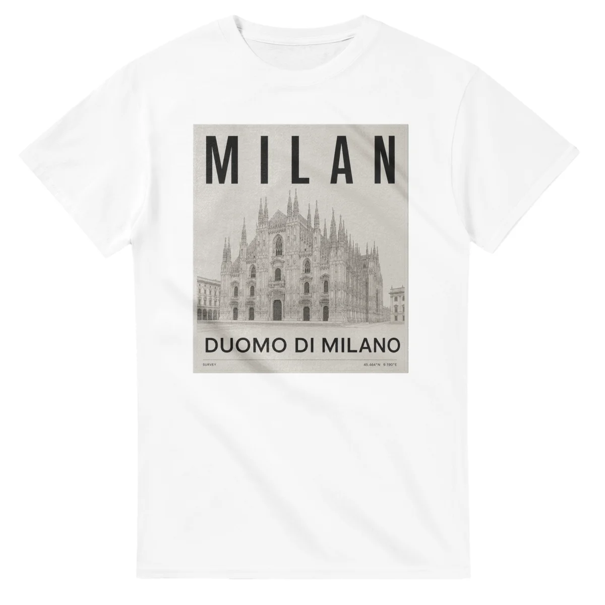 Fine-line engraving-style drawing for Milan, with a landmark caption and small coordinate text.