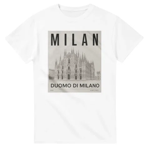Fine-line engraving-style drawing for Milan, with a landmark caption and small coordinate text.