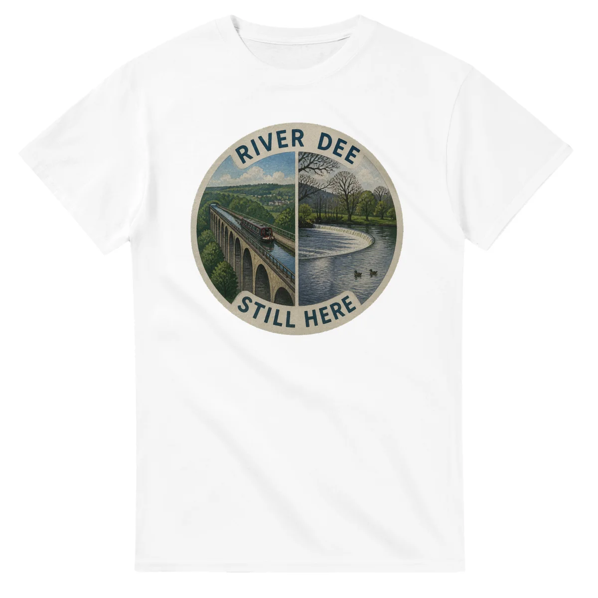 Painted, panelled scenic illustration for River Dee, with paired local scenes and the place name in lettering.