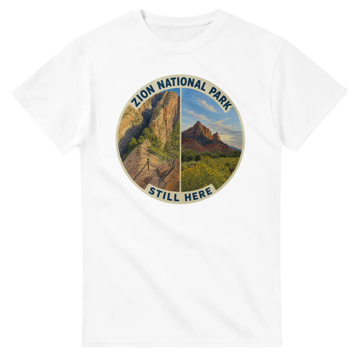 Painted, panelled scenic illustration for Zion National Park, with paired local scenes and the place name in lettering.