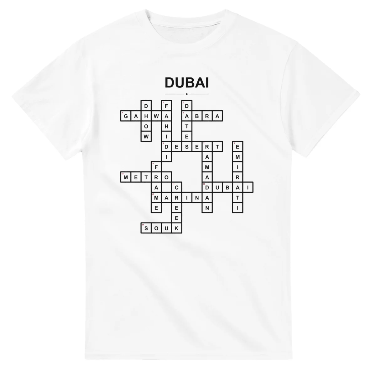Monochrome crossword sheet for Dubai, with a large place-name heading, a letter grid, and numbered across and down clues.