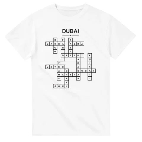 Monochrome crossword sheet for Dubai, with a large place-name heading, a letter grid, and numbered across and down clues.