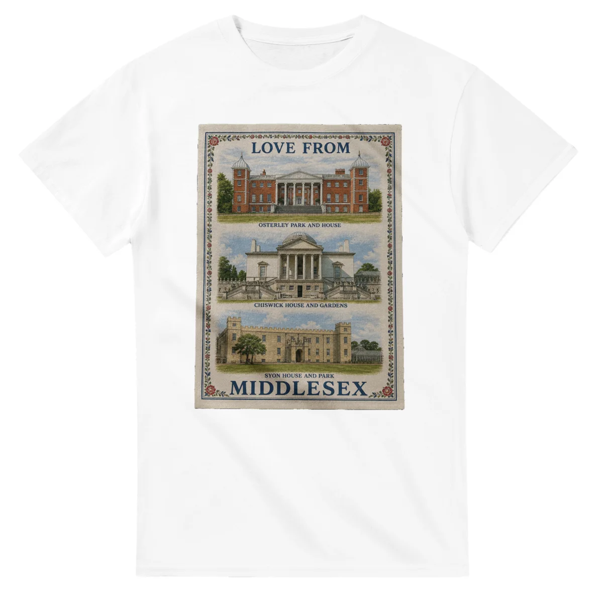 Framed scenic design for Middlesex, with several local views, a decorative border and LOVE FROM lettering.