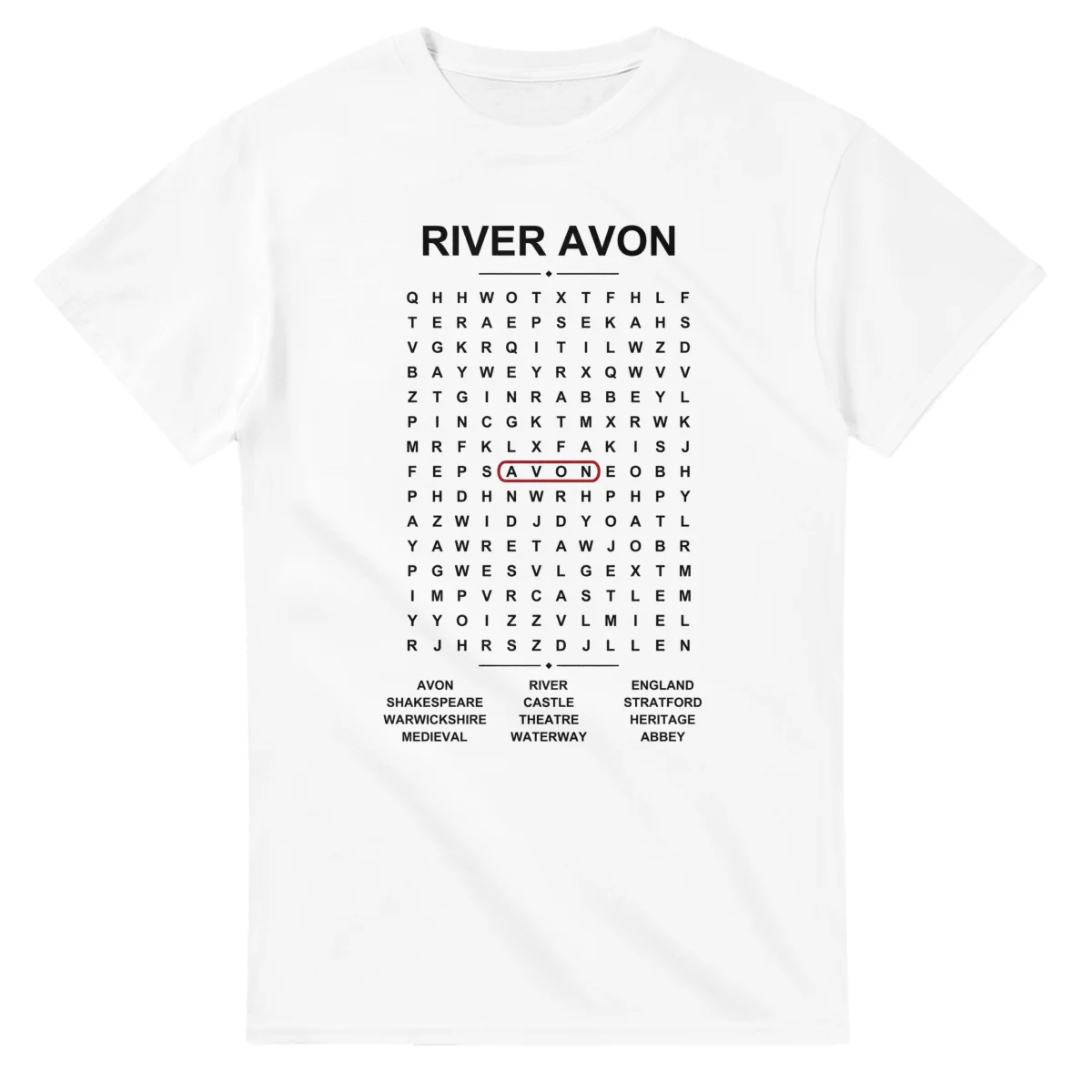 Word-search sheet for River Avon, with a large place-name heading, a letter grid, a local answer list, and a red highlighted example word.