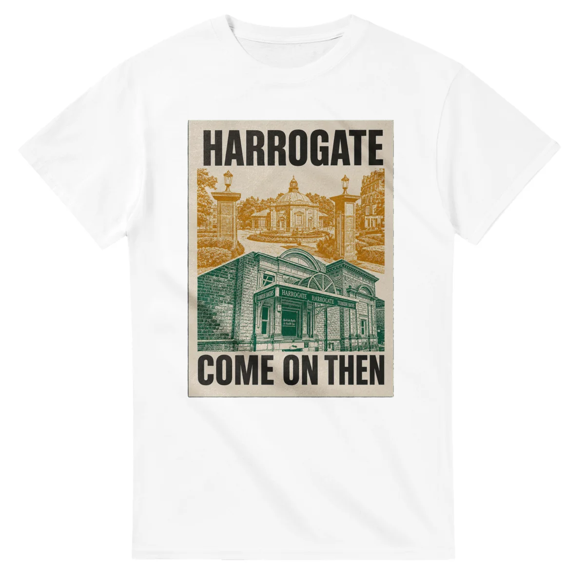 Two-colour scenic illustration for Harrogate, with the place name and COME ON THEN lettering.