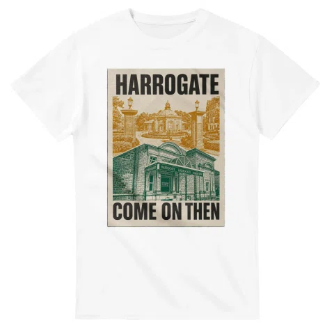Two-colour scenic illustration for Harrogate, with the place name and COME ON THEN lettering.