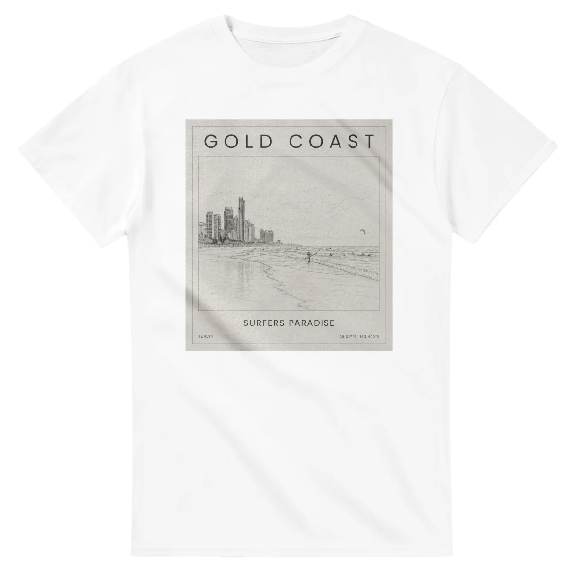 Fine-line engraving-style drawing for Gold Coast, with a landmark caption and small coordinate text.