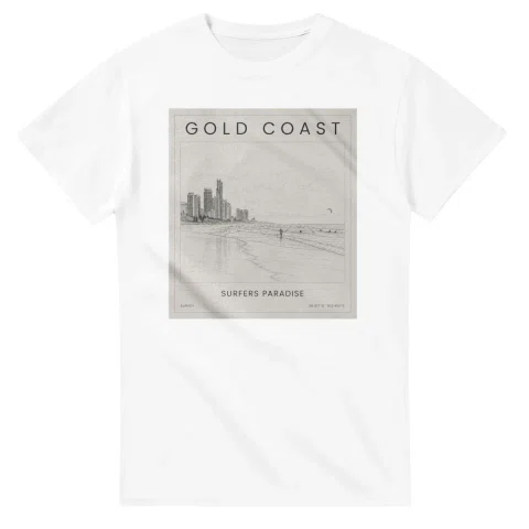 Fine-line engraving-style drawing for Gold Coast, with a landmark caption and small coordinate text.