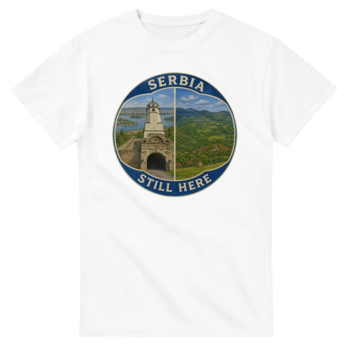 Painted, panelled scenic illustration for Serbia, with paired local scenes and the place name in lettering.