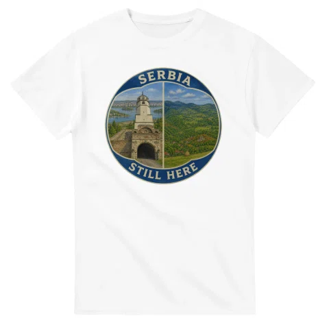 Painted, panelled scenic illustration for Serbia, with paired local scenes and the place name in lettering.